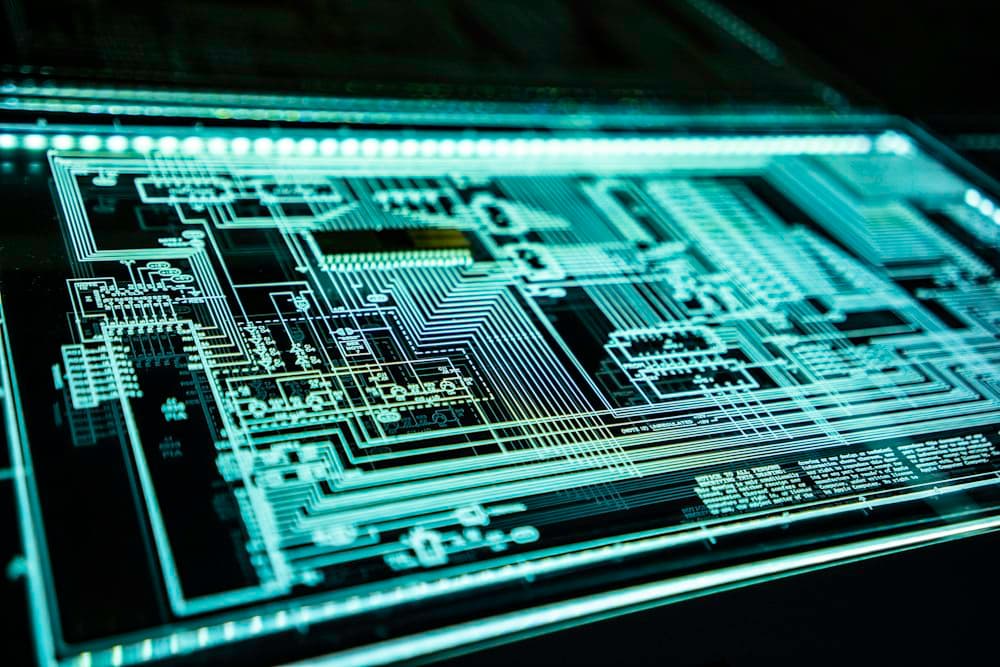Illuminated circuit board representing artificial intelligence hardware