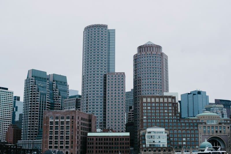 Glass office towers rising into the sky